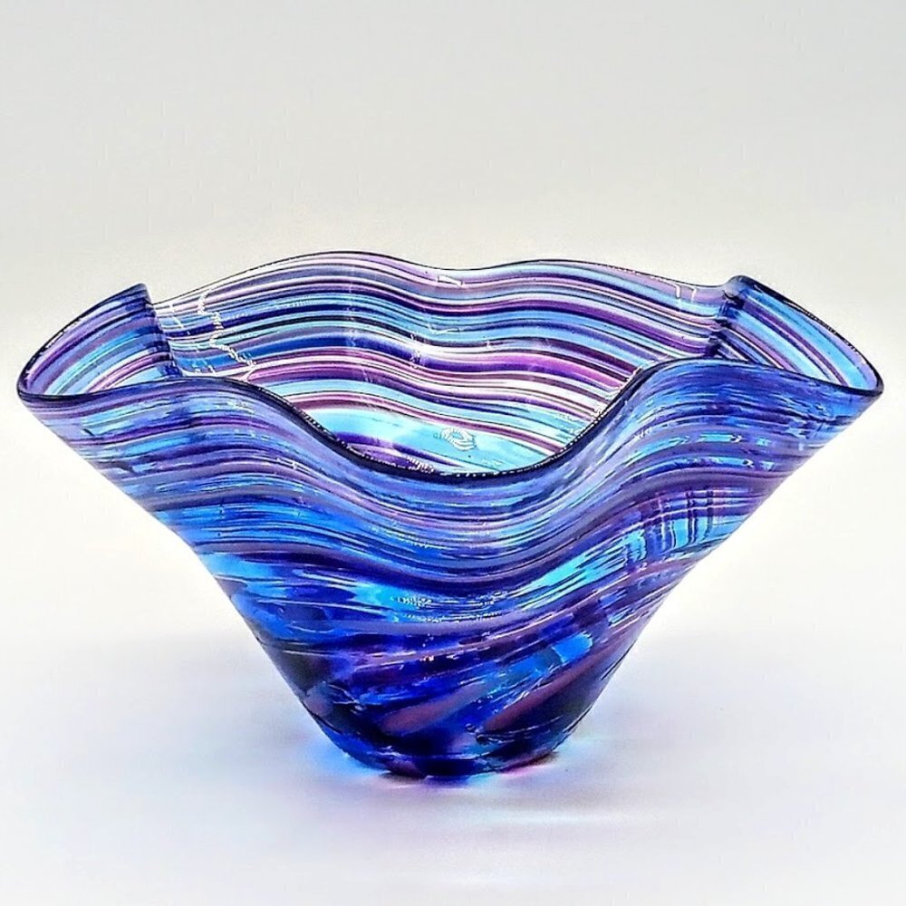 Handblown Blue Purple Swirl Handkerchief Glass Bowl